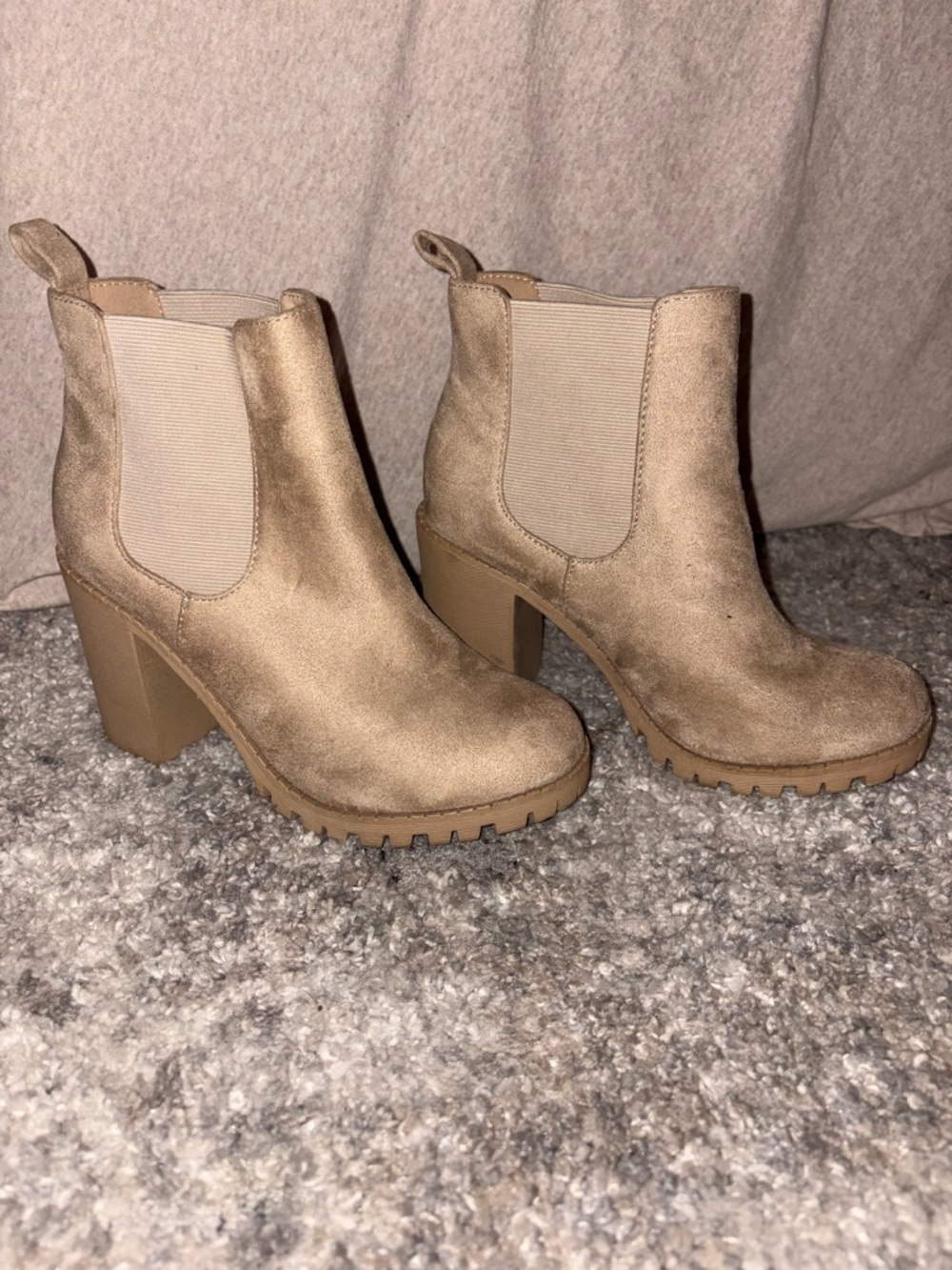 Soda Tan Suede-Look Lug Heel Chelsea Booties